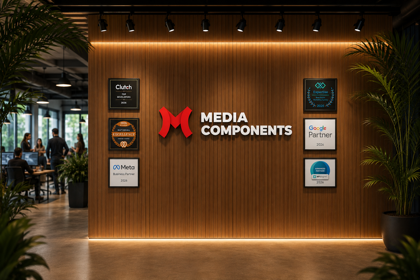 Media Components awards wall with Clutch, Google Partner, Meta and WP Engine badges